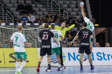 Zagreb, Hırvatistan - 10 Şubat 2019: Ehf Mens Şampiyonluk Ligi. Polis Zagreb 'e karşı Skjern Handbold. Oyuncular iş başında 