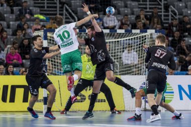 Zagreb, Hırvatistan - 10 Şubat 2019: Ehf Mens Şampiyonluk Ligi. Polis Zagreb 'e karşı Skjern Handbold. Oyuncular iş başında 