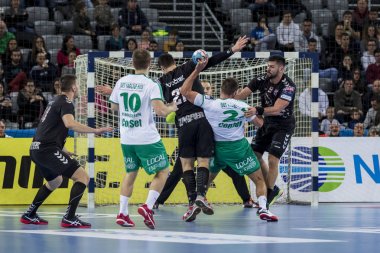 Zagreb, Hırvatistan - 10 Şubat 2019: Ehf Mens Şampiyonluk Ligi. Polis Zagreb 'e karşı Skjern Handbold. Oyuncular iş başında 