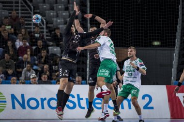 Zagreb, Hırvatistan - 10 Şubat 2019: Ehf Mens Şampiyonluk Ligi. Polis Zagreb 'e karşı Skjern Handbold. Oyuncular iş başında