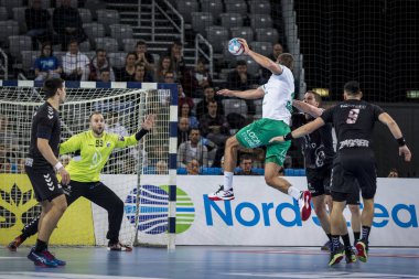 Zagreb, Hırvatistan - 10 Şubat 2019: Ehf Mens Şampiyonluk Ligi. Polis Zagreb 'e karşı Skjern Handbold. Oyuncular iş başında