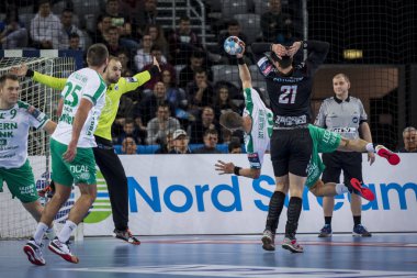 Zagreb, Hırvatistan - 10 Şubat 2019: Ehf Mens Şampiyonluk Ligi. Polis Zagreb 'e karşı Skjern Handbold. Oyuncular iş başında