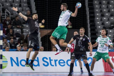 Zagreb, Hırvatistan - 10 Şubat 2019: Ehf Mens Şampiyonluk Ligi. Polis Zagreb 'e karşı Skjern Handbold. Oyuncular iş başında