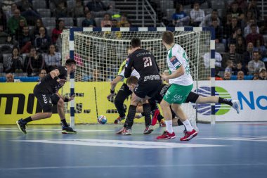 Zagreb, Hırvatistan - 10 Şubat 2019: Ehf Mens Şampiyonluk Ligi. Polis Zagreb 'e karşı Skjern Handbold. Oyuncular iş başında