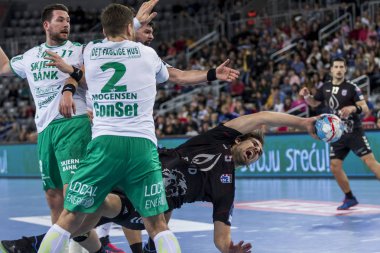 Zagreb, Hırvatistan - 10 Şubat 2019: Ehf Mens Şampiyonluk Ligi. Polis Zagreb 'e karşı Skjern Handbold. Hareket halinde Mrakovcic Luka 5