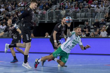 Zagreb, Hırvatistan - 10 Şubat 2019: Ehf Mens Şampiyonluk Ligi. Polis Zagreb 'e karşı Skjern Handbold. Oyuncular iş başında 