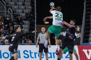 Zagreb, Hırvatistan - 10 Şubat 2019: Ehf Mens Şampiyonluk Ligi. Polis Zagreb 'e karşı Skjern Handbold. Oyuncular iş başında 
