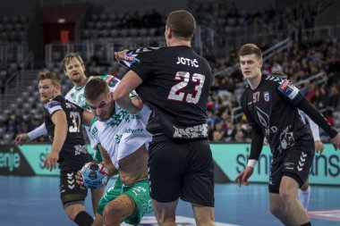 Zagreb, Hırvatistan - 10 Şubat 2019: Ehf Mens Şampiyonluk Ligi. Polis Zagreb 'e karşı Skjern Handbold. Oyuncular iş başında 