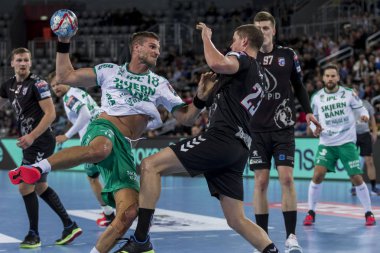 Zagreb, Hırvatistan - 10 Şubat 2019: Ehf Mens Şampiyonluk Ligi. Polis Zagreb 'e karşı Skjern Handbold. Oyuncular iş başında 