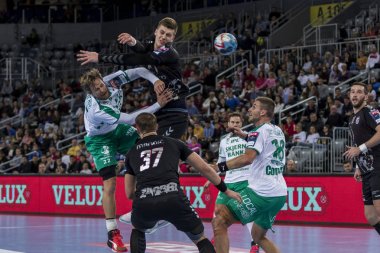 Zagreb, Hırvatistan - 10 Şubat 2019: Ehf Mens Şampiyonluk Ligi. Polis Zagreb 'e karşı Skjern Handbold. Oyuncular iş başında