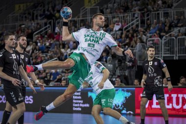 Zagreb, Hırvatistan - 10 Şubat 2019: Ehf Mens Şampiyonluk Ligi. Polis Zagreb 'e karşı Skjern Handbold. Oyuncu iş başında 