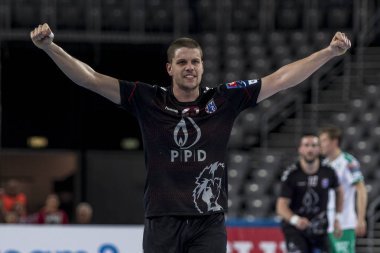 Zagreb, Hırvatistan - 10 Şubat 2019: Ehf Mens Şampiyonluk Ligi. Polis Zagreb 'e karşı Skjern Handbold. Jotic Lovro 23 kutlama golü