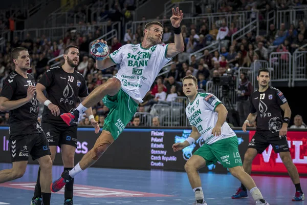Zagreb, Hırvatistan - 10 Şubat 2019: Ehf Mens Şampiyonluk Ligi. Polis Zagreb 'e karşı Skjern Handbold. Oyuncu iş başında 