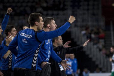 Zagreb, Hırvatistan - 10 Şubat 2019: Ehf Mens Şampiyonluk Ligi. Polis Zagreb 'e karşı Skjern Handbold. Top oyun sahasında