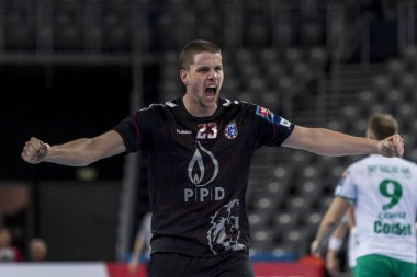 Zagreb, Hırvatistan - 10 Şubat 2019: Ehf Mens Şampiyonluk Ligi. Polis Zagreb 'e karşı Skjern Handbold. Jotic Lovro 23 kutlama golü