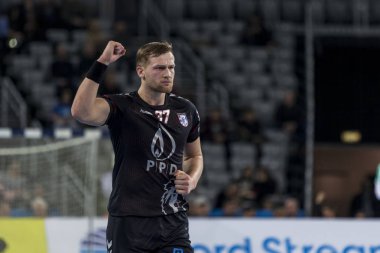Zagreb, Hırvatistan - 10 Şubat 2019: Ehf Mens Şampiyonluk Ligi. Polis Zagreb 'e karşı Skjern Handbold. Mandic David 37 kutlama golü