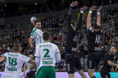 Zagreb, Hırvatistan - 10 Şubat 2019: Ehf Mens Şampiyonluk Ligi. Polis Zagreb 'e karşı Skjern Handbold. Oyuncular iş başında