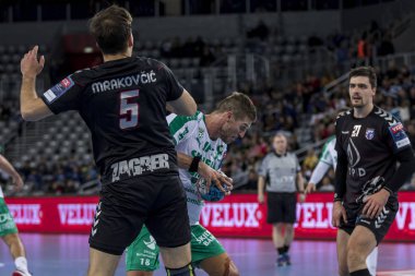 Zagreb, Hırvatistan - 10 Şubat 2019: Ehf Mens Şampiyonluk Ligi. Polis Zagreb 'e karşı Skjern Handbold. Oyuncu iş başında 