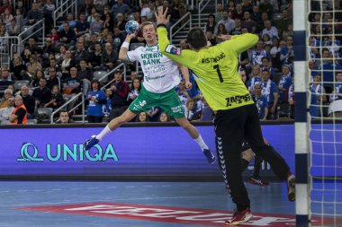 Zagreb, Hırvatistan - 10 Şubat 2019: Ehf Mens Şampiyonluk Ligi. Polis Zagreb 'e karşı Skjern Handbold. Oyuncu iş başında 