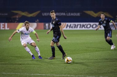Zagreb, Hırvatistan - 21 Şubat 2019: Uefa Avrupa Ligi 2018 / 2019, Gnk Dinamo vs. Viktoria Plzen. Etkinlikte Mislav Orsiç (99) 