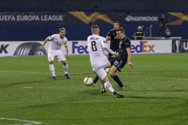Zagreb, Hırvatistan - 21 Şubat 2019: Uefa Avrupa Ligi 2018 / 2019, Gnk Dinamo vs. Viktoria Plzen. Etkinlikte Mislav Orsiç (99) 
