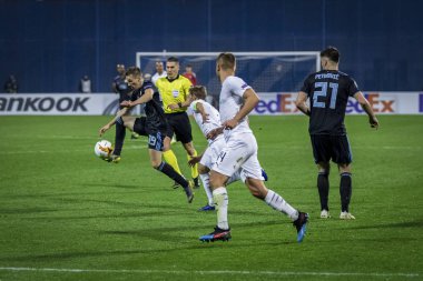 Zagreb, Hırvatistan - 21 Şubat 2019: Uefa Avrupa Ligi 2018 / 2019, Gnk Dinamo vs. Viktoria Plzen. Etkinlikte Mislav Orsiç (99) 