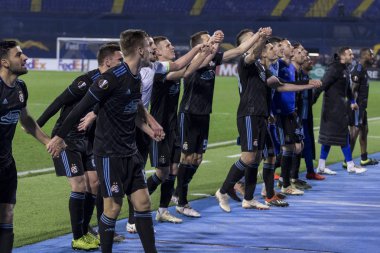 Zagreb, Hırvatistan - 21 Şubat 2019: Uefa Avrupa Ligi 2018 / 2019, Gnk Dinamo vs. Viktoria Plzen. Dinamo oyuncuları zaferi kutluyor