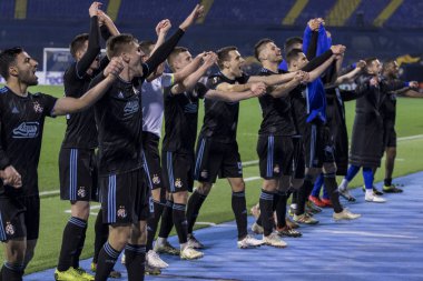 Zagreb, Hırvatistan - 21 Şubat 2019: Uefa Avrupa Ligi 2018 / 2019, Gnk Dinamo vs. Viktoria Plzen. Dinamo oyuncuları zaferi kutluyor