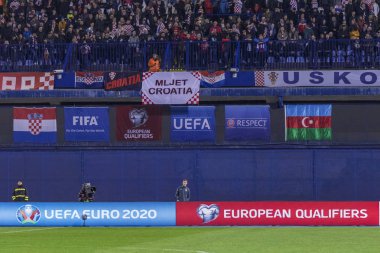 Zagreb, Hırvatistan - 21 Mart 2019: Uefa Euro 2020 Ön eleme turu. Hırvatistan Azerbaycan 'a karşı. Uefa Euro 2020 afişi
