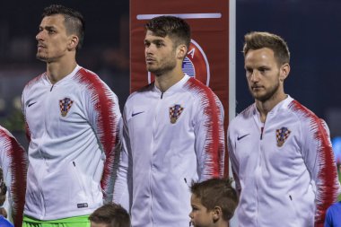 Zagreb, Hırvatistan - 21 Mart 2019: Uefa Euro 2020 Ön eleme turu. Hırvatistan Azerbaycan 'a karşı. Hırvat oyuncular sıralanıyor