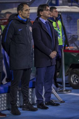 Zagreb, Hırvatistan - 21 Mart 2019: Uefa Euro 2020 Ön eleme turu. Hırvatistan Azerbaycan 'a karşı. Hırvat teknik direktör Zlatko Daliç