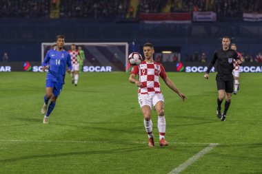 Zagreb, Hırvatistan - 21 Mart 2019: Uefa Euro 2020 Ön eleme turu. Hırvatistan Azerbaycan 'a karşı. Andrej Kramariç (9))