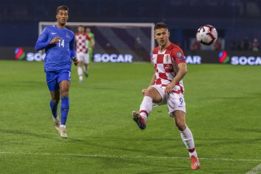 Zagreb, Hırvatistan - 21 Mart 2019: Uefa Euro 2020 Ön eleme turu. Hırvatistan Azerbaycan 'a karşı. Andrej Kramariç (9))