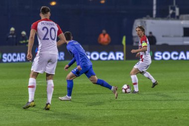 Zagreb, Hırvatistan - 21 Mart 2019: Uefa Euro 2020 Ön eleme turu. Hırvatistan Azerbaycan 'a karşı. Luka Modriç (10))