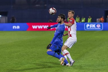 Zagreb, Hırvatistan - 21 Mart 2019: Uefa Euro 2020 Ön eleme turu. Hırvatistan Azerbaycan 'a karşı. Eylemde Borna Barisiç (3)