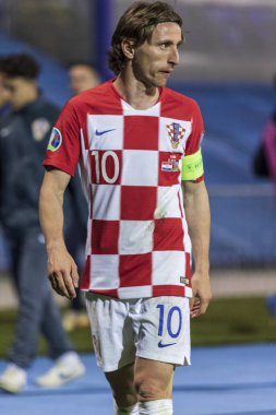 Zagreb, Hırvatistan - 21 Mart 2019: Uefa Euro 2020 Ön eleme turu. Hırvatistan Azerbaycan 'a karşı. Luka Modriç (10))