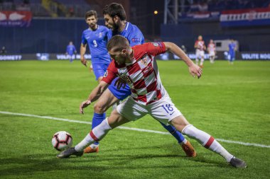 Zagreb, Hırvatistan - 21 Mart 2019: Uefa Euro 2020 Ön eleme turu. Hırvatistan Azerbaycan 'a karşı. Eylemde Ante Rebic (18)