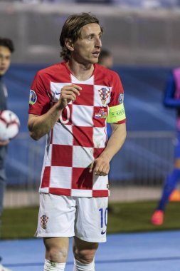 Zagreb, Hırvatistan - 21 Mart 2019: Uefa Euro 2020 Ön eleme turu. Hırvatistan Azerbaycan 'a karşı. Luka Modriç (10))