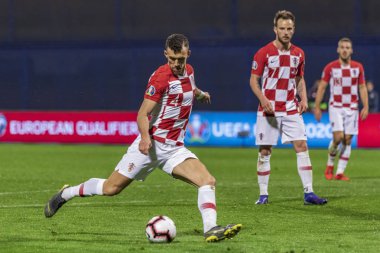 Zagreb, Hırvatistan - 21 Mart 2019: Uefa Euro 2020 Ön eleme turu. Hırvatistan Azerbaycan 'a karşı. İvan Perisiç (4))