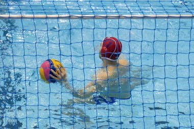 Zagreb, Hırvatistan - Nisan 05, 2019: Fina Water Polo Dünya Ligi 2019. İtalya Rusya 'ya karşı. Eylemde Fedotov Petr (1)