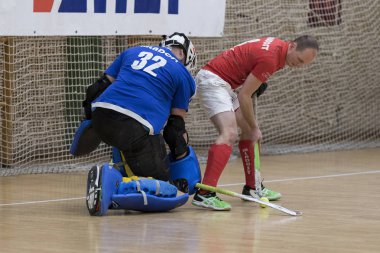 Zelina, Hırvatistan - 06 Ocak 2018: Hırvatistan Salon Kupası 2018. Mladost ve Hırvatistan arasındaki kapalı hokey maçı. Hokey kalecisi iş başında..