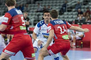 Zagreb, Hırvatistan - 18 Ocak 2018: Avrupa Erkekler Hentbol Şampiyonası, Ehf Euro 2018 ana turu Sırbistan - Norveç maçı 27: 32. Eylemde Zarko Sesum (5)