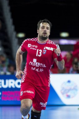 Zagreb, Hırvatistan - 17 Ocak 2018: Avrupa Erkekler Hentbol Şampiyonası, Ehf Euro 2018 ana tur karşılaşması Hırvatistan - Çek Cumhuriyeti 28: 27. Eylemde Zlatko Horvat (13)