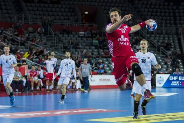 Zagreb, Hırvatistan - 17 Ocak 2018: Avrupa Erkekler Hentbol Şampiyonası, Ehf Euro 2018 ana tur karşılaşması Hırvatistan - Çek Cumhuriyeti 28: 27. Eylemde Zlatko Horvat (13)