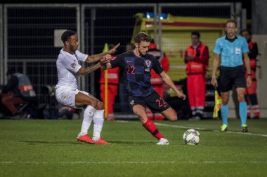 Rijeka, Hırvatistan - 12 Ekim 2018: Uefa Uluslar Ligi maçı Hırvatistan - İngiltere. Eylem Josip Pivaric (22)