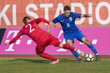 Velika Gorica, Hırvatistan - 27 Mart 2018: Avrupa 21 Yaş Altı Şampiyonası Ön Eleme Turu. Hırvatistan ile Moldova arasında oynanan karşılaşma 4-0. Eylem Nikola Vlasiç (8) ve Andrei Macritchii (2))