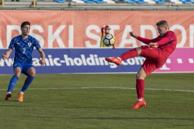 Velika Gorica, Hırvatistan - 27 Mart 2018: Avrupa 21 Yaş Altı Şampiyonası Ön Eleme Turu. Hırvatistan ile Moldova arasında oynanan karşılaşma 4-0. Eylem Mihail Tiscul (3)