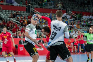 Zagreb, Hırvatistan - 13 Ocak 2018: Avrupa Erkekler Hentbol Şampiyonası, Ehf Euro 2018 C Grubu Almanya - Karadağ 32: 19. Stevan Vujoviç (20)) 