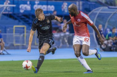 ZAGREB, CROATIA - JULY 24, 2018: UEFA Champions League match between GNK Dinamo Zagreb and Hapoel Beer-Sheva FC (5-0). In action Dani OLMO (7) and Julien CETOUT (82)