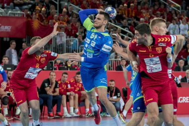 Zagreb, Hırvatistan - 13 Ocak 2018: Avrupa Erkekler Hentbol Şampiyonası, Ehf Euro 2018 Grup Makedonya - Slovenya maçı 25: 24. Eylemde Borut Mackovsek (51)